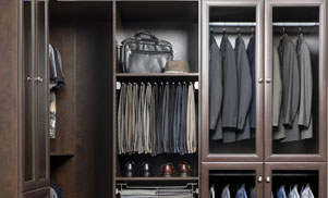 Gentleman's Walk In Closet with Hutch Shelving Hanging and Glass Doors - Howard Co